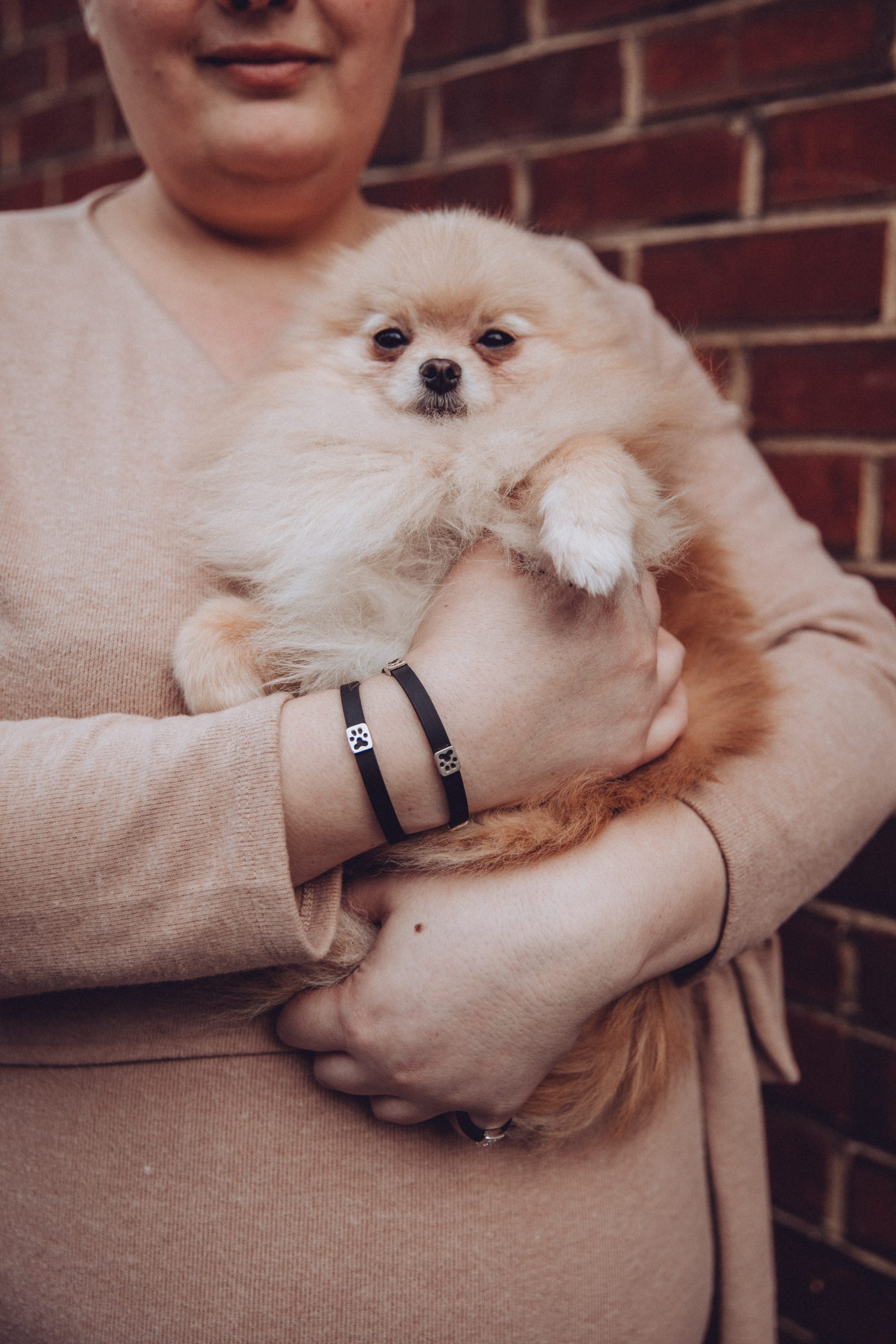 The single rubber paw print bracelet stacked with the 3 paw print rubber bracelet